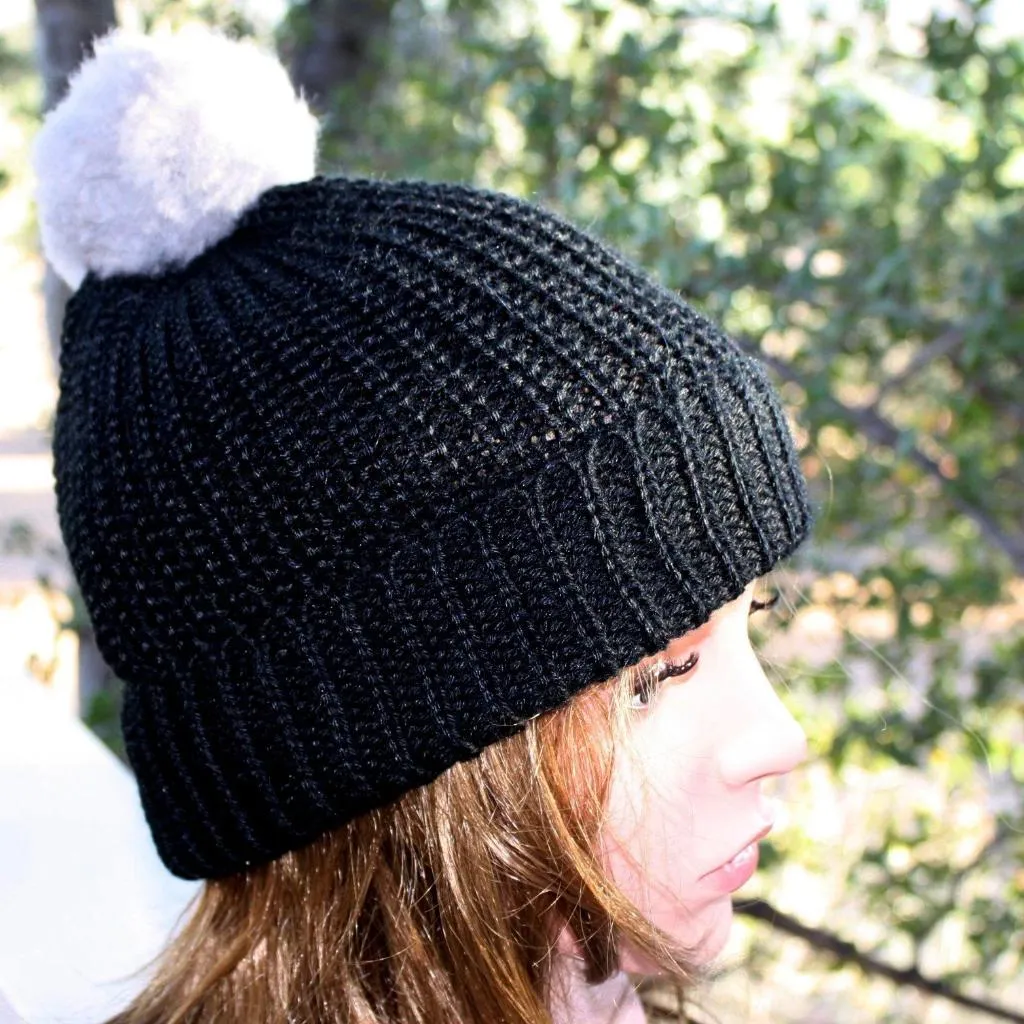 100% Alpaca Pom-Pom Channel Beanie Hat