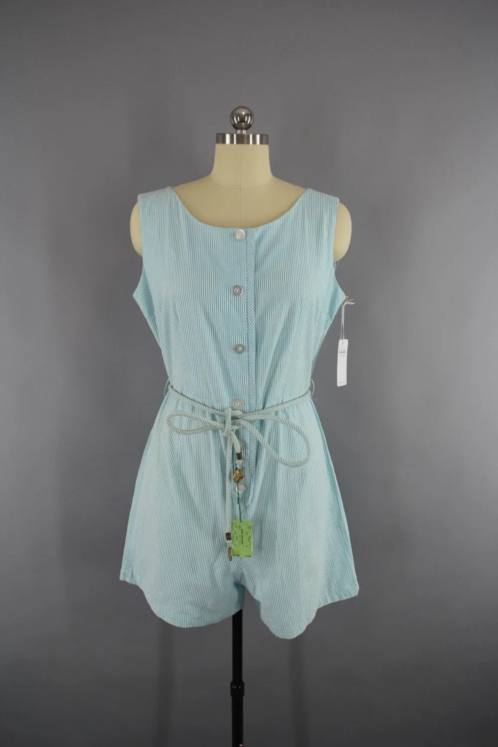 1960s - 1970s Vintage Lane Bryant Romper & Skirt Set in Blue Seersucker Stripes