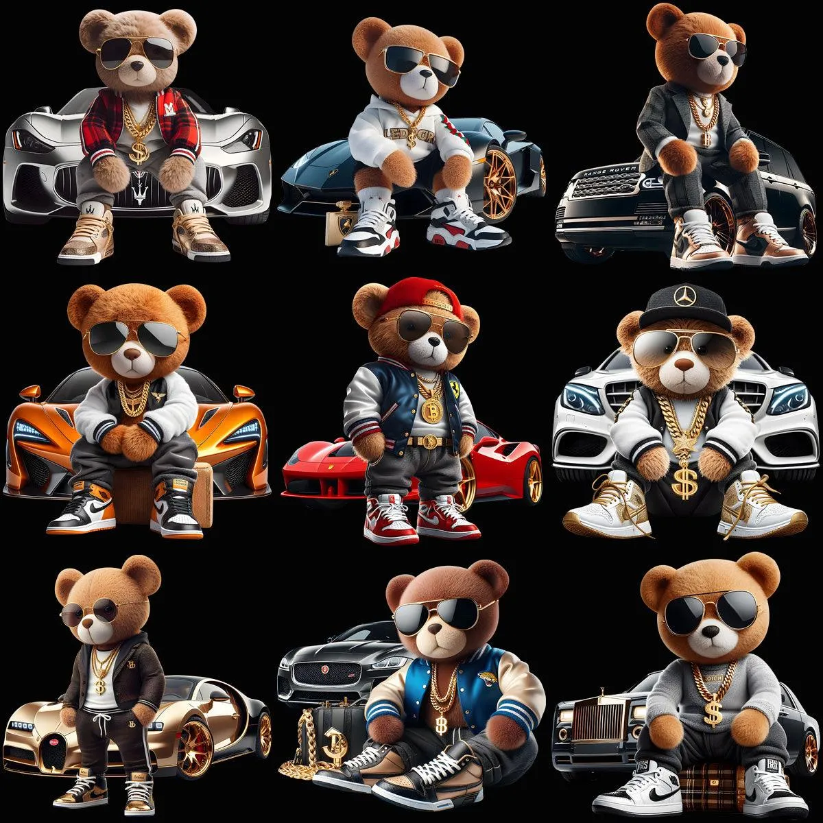 20 Luxury Cars Teddy Bear Designs Bundle PNG