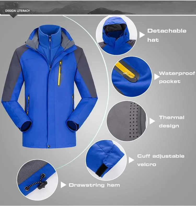 3 in 1 hiking jacket Outdoor waterproof, windproof mountaineering jacket with detachable hat and fleece jacket