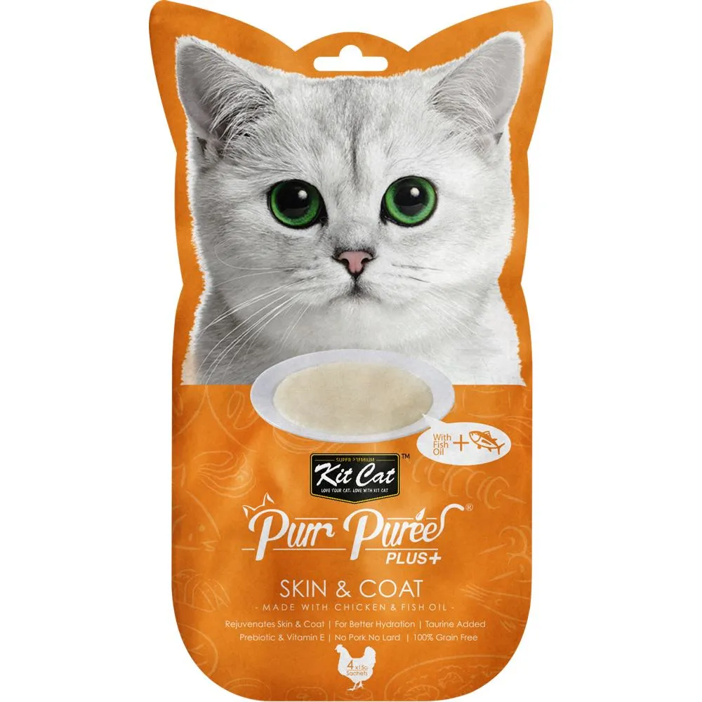 4 FOR $14 : Kit Cat Purr Puree Plus Skin & Coat Chicken Cat Treats 60g