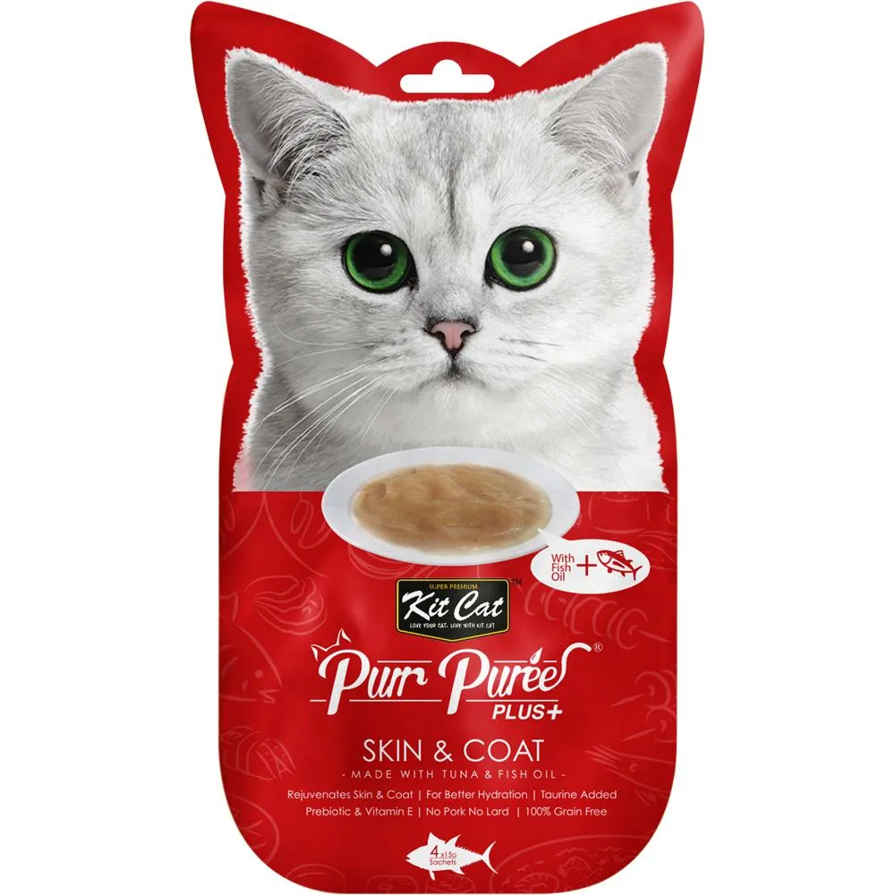 4 FOR $14: Kit Cat Purr Puree Plus Skin & Coat Tuna Cat Treats 60g