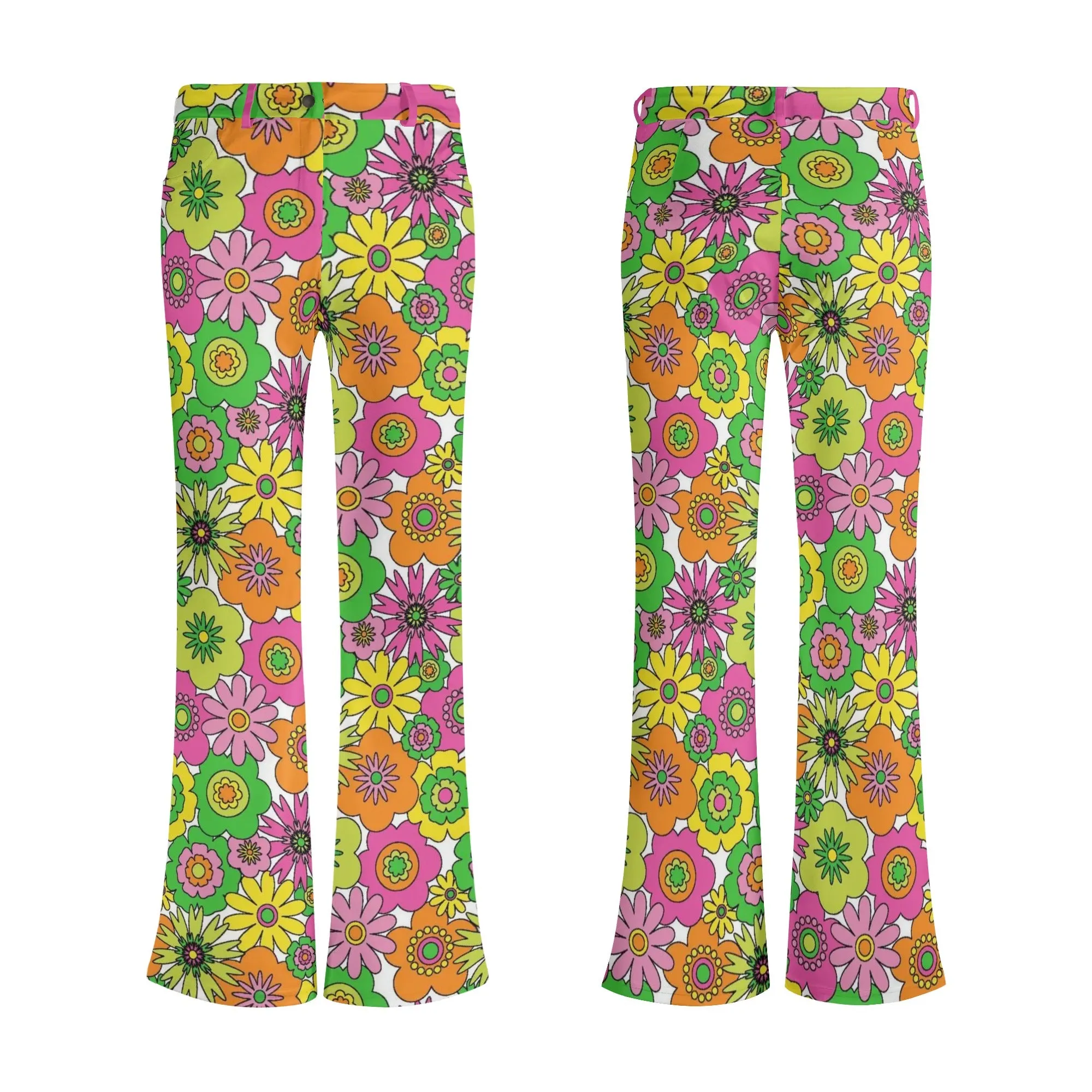 70s Style Wide Leg Pants, Flare Pants, 70s Pants Style, Neon Floral Pants, Hippie Pants, Women's Wide Leg Pants