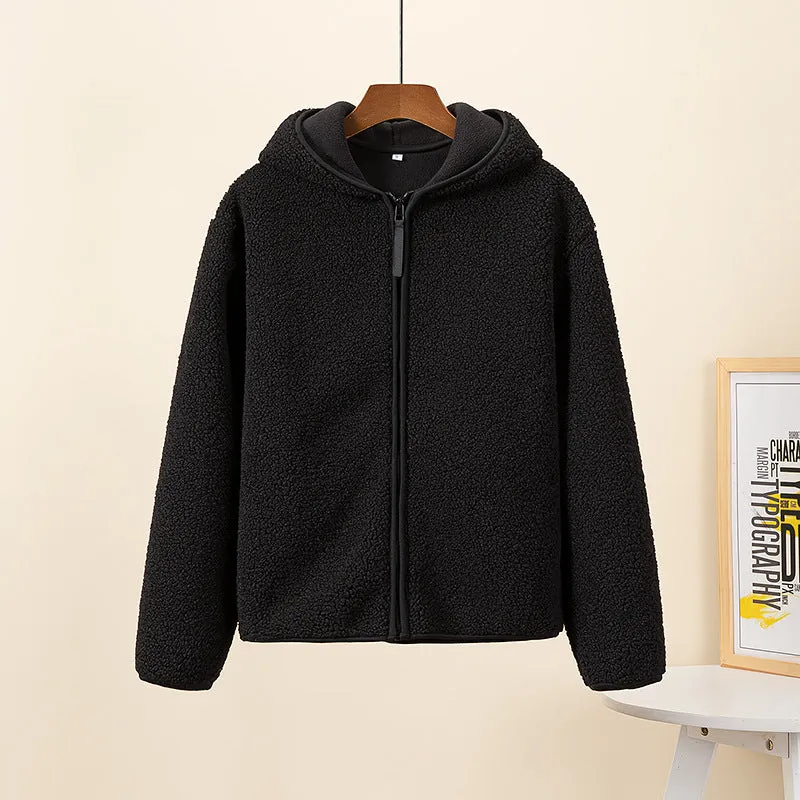 Autumn And Winter Faux Cashmere Polar Fleece Zipper Hooded Long Sleeve