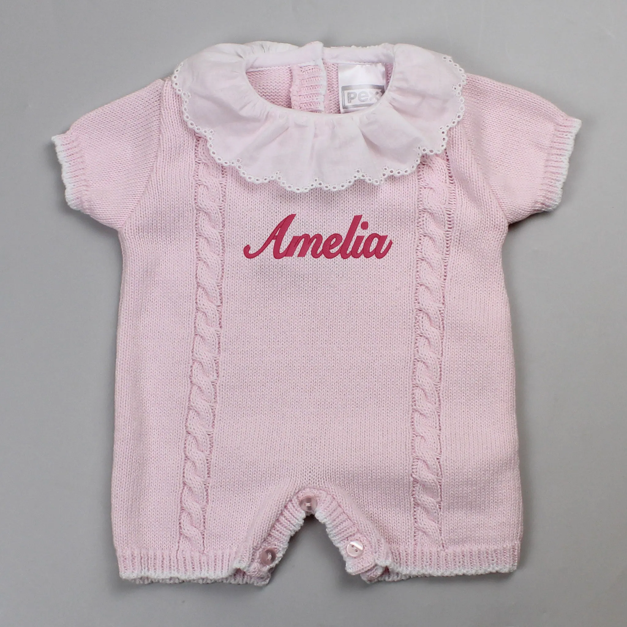 Baby Girls Personalised Knitted Romper - Pink - Pex Rosalind