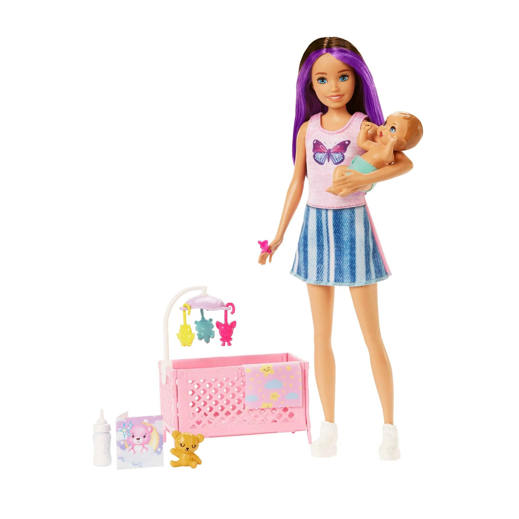 Barbie Skipper Babysitters Crib Playset with Skipper Doll Baby Doll with Sleepy Eyes, Furniture and Themed Accessories for Kids Ages 3 Years & Up