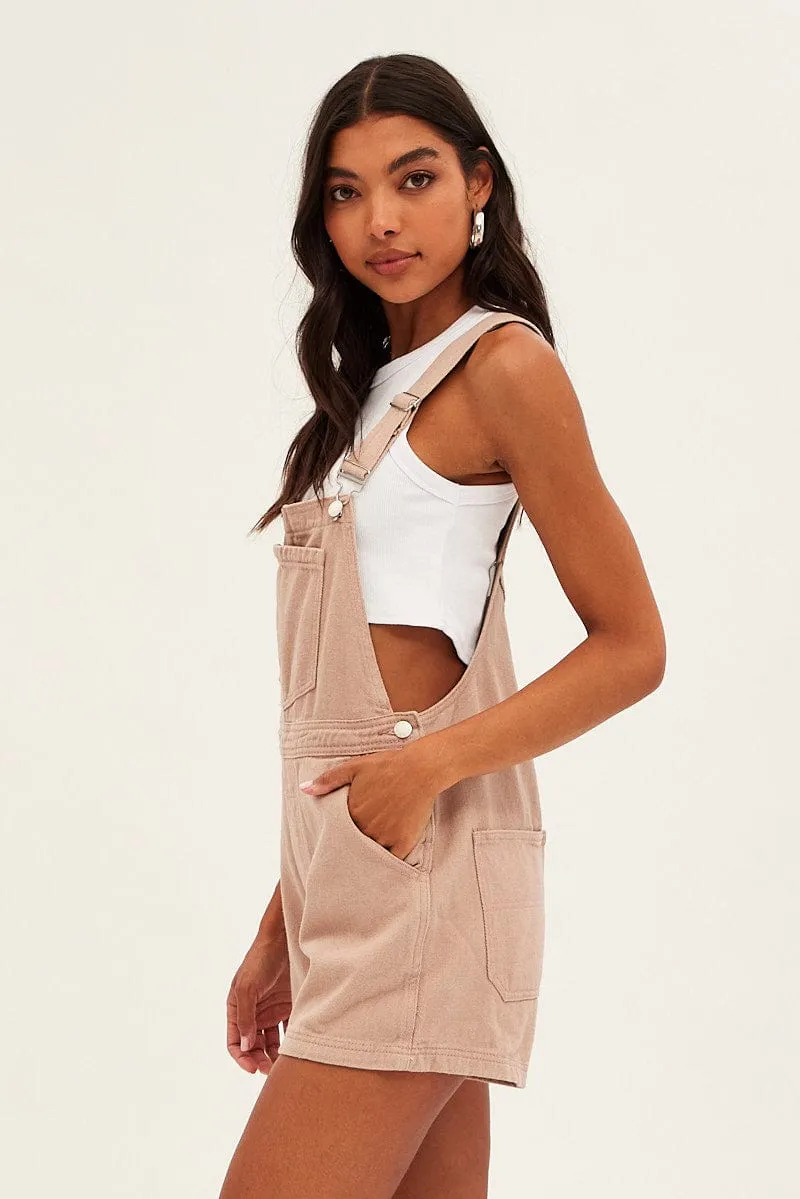 Beige Carpenter Overall Short Jeans