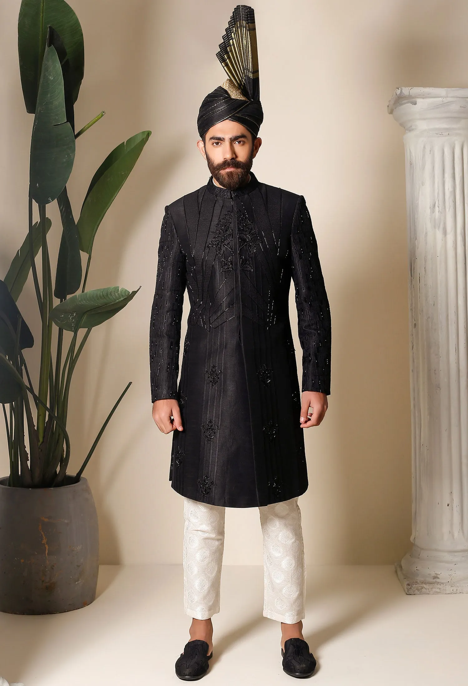 BLACK EMBOSSED EMBROIDERED SHERWANI