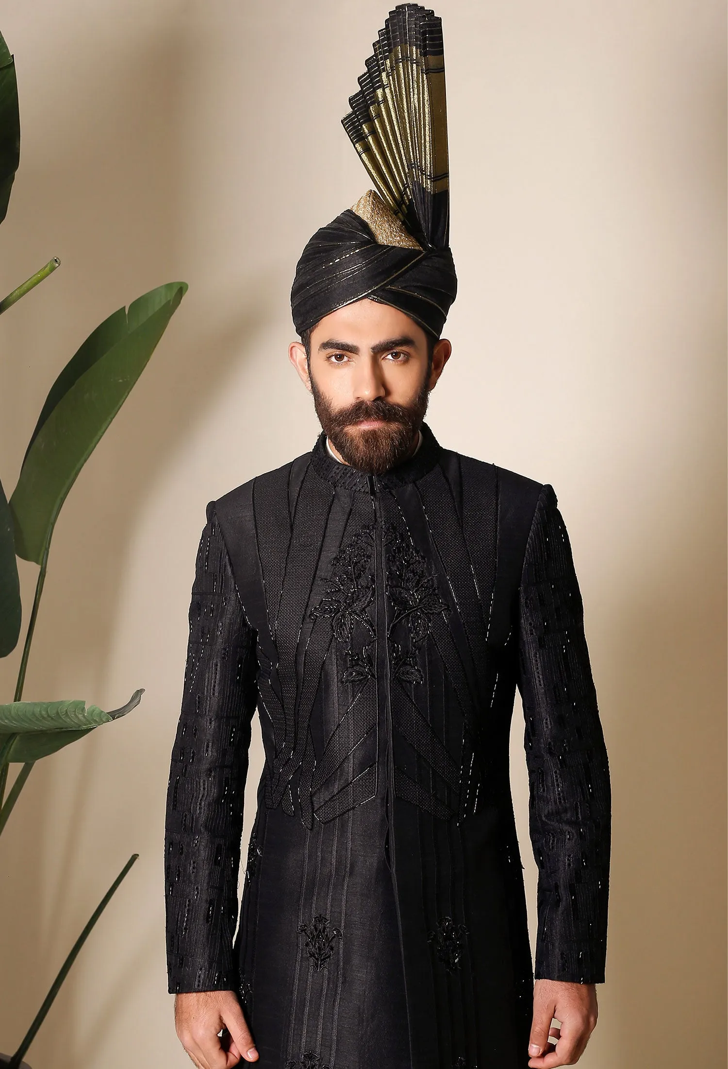 BLACK EMBOSSED EMBROIDERED SHERWANI