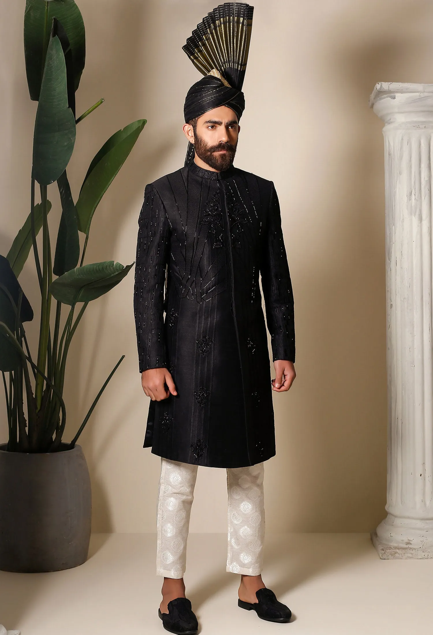 BLACK EMBOSSED EMBROIDERED SHERWANI