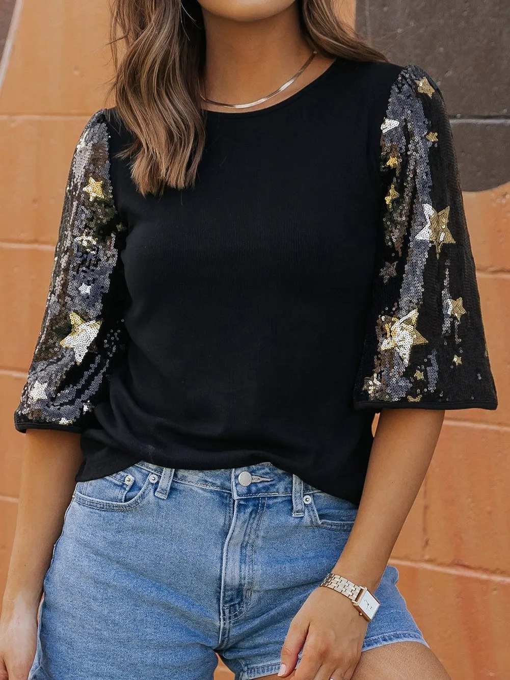 Black Knit Top with Star Sequin Sleeves