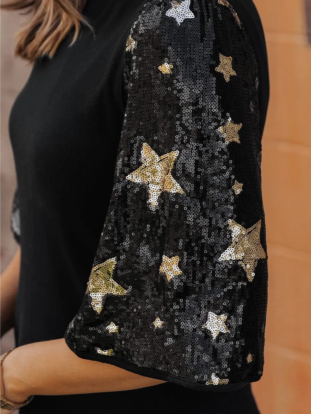 Black Knit Top with Star Sequin Sleeves