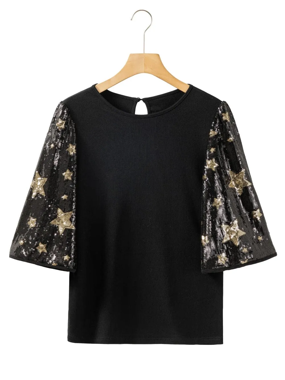 Black Knit Top with Star Sequin Sleeves