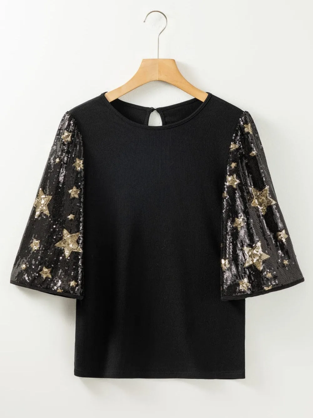 Black Knit Top with Star Sequin Sleeves