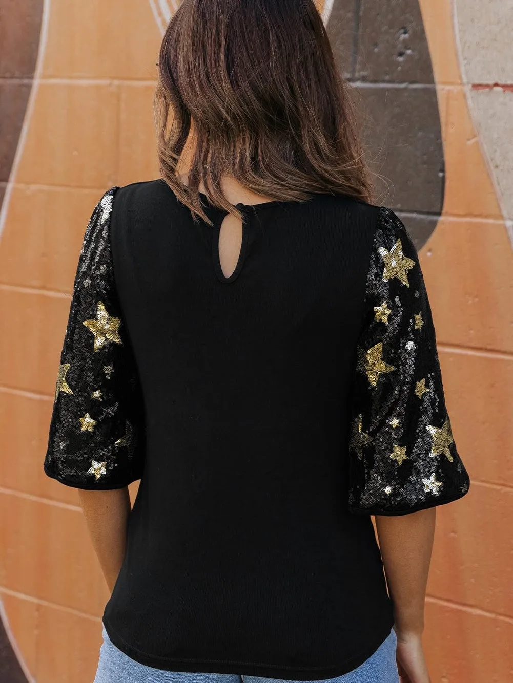 Black Knit Top with Star Sequin Sleeves