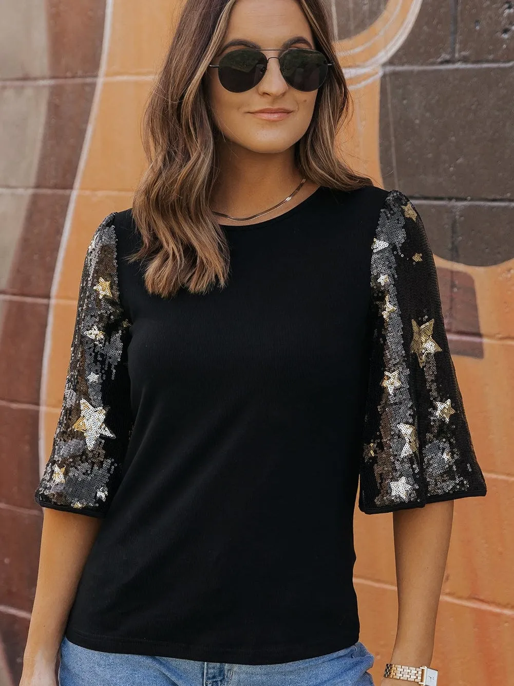 Black Knit Top with Star Sequin Sleeves