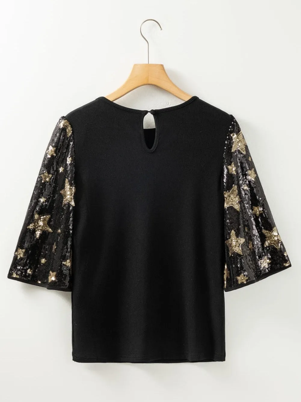 Black Knit Top with Star Sequin Sleeves