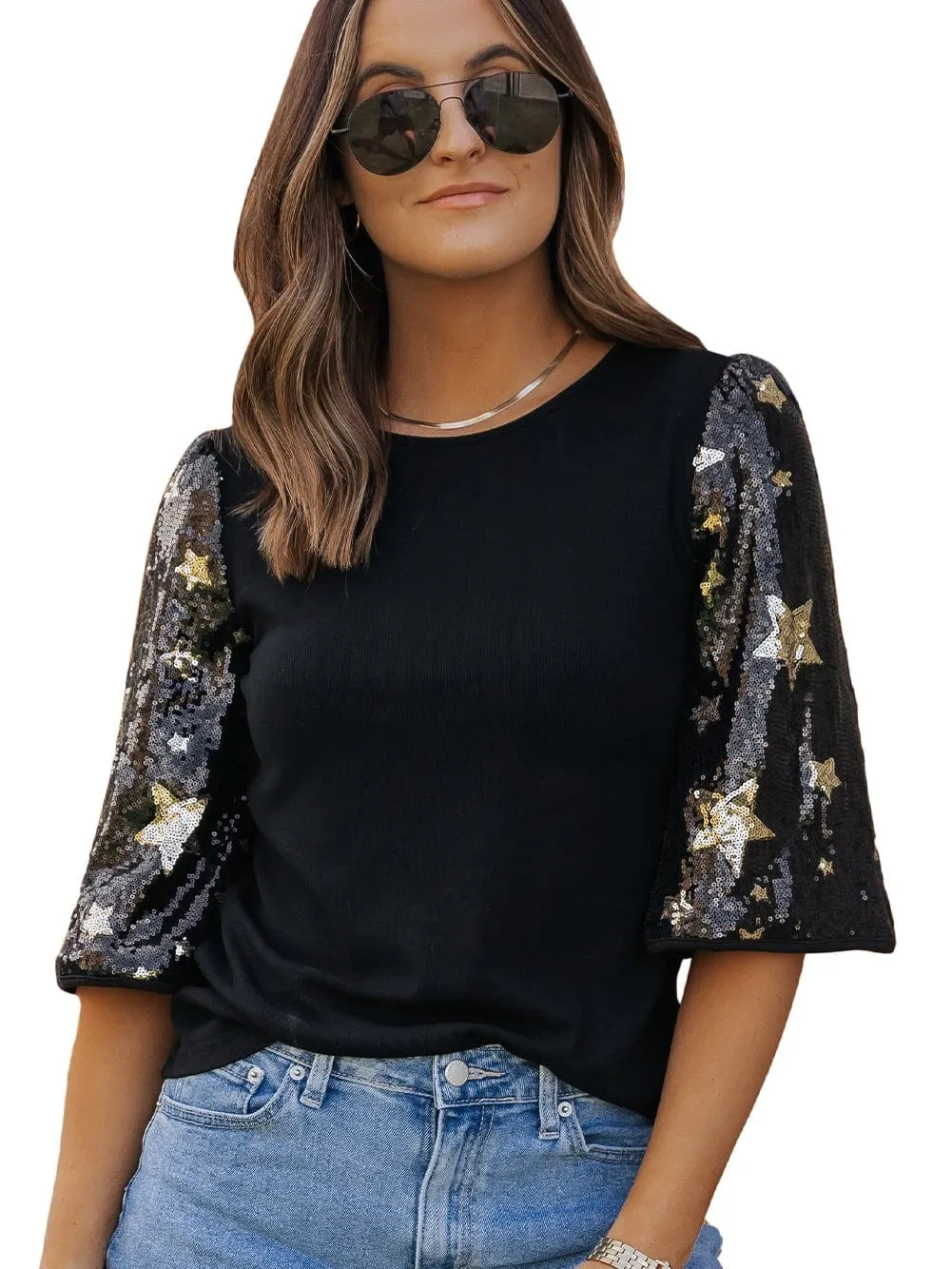 Black Knit Top with Star Sequin Sleeves