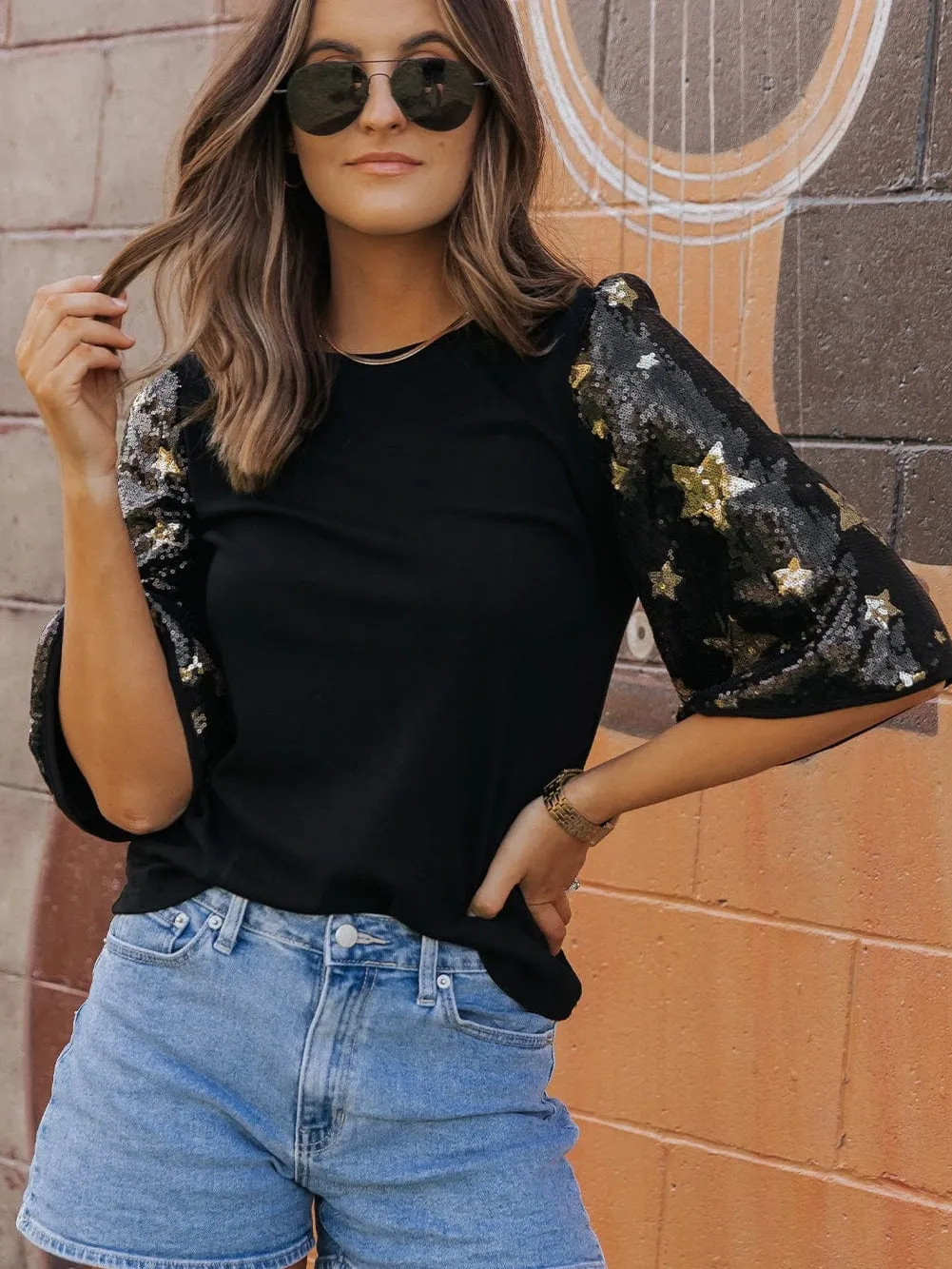 Black Knit Top with Star Sequin Sleeves