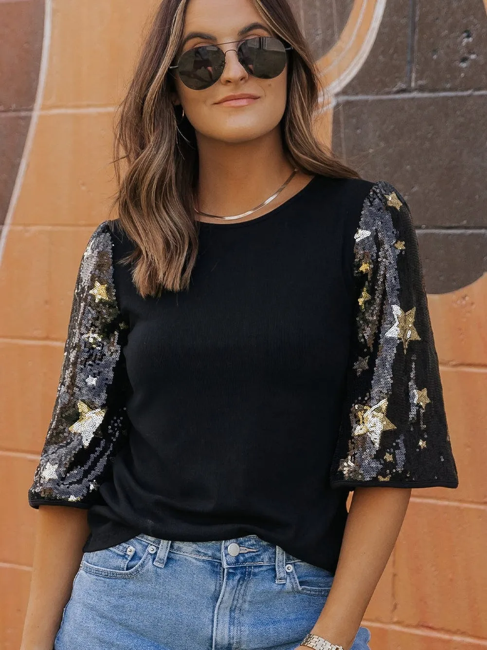 Black Knit Top with Star Sequin Sleeves