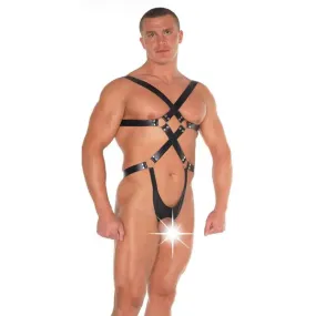 Black Leather Strappy Bondage Teddy with Open String