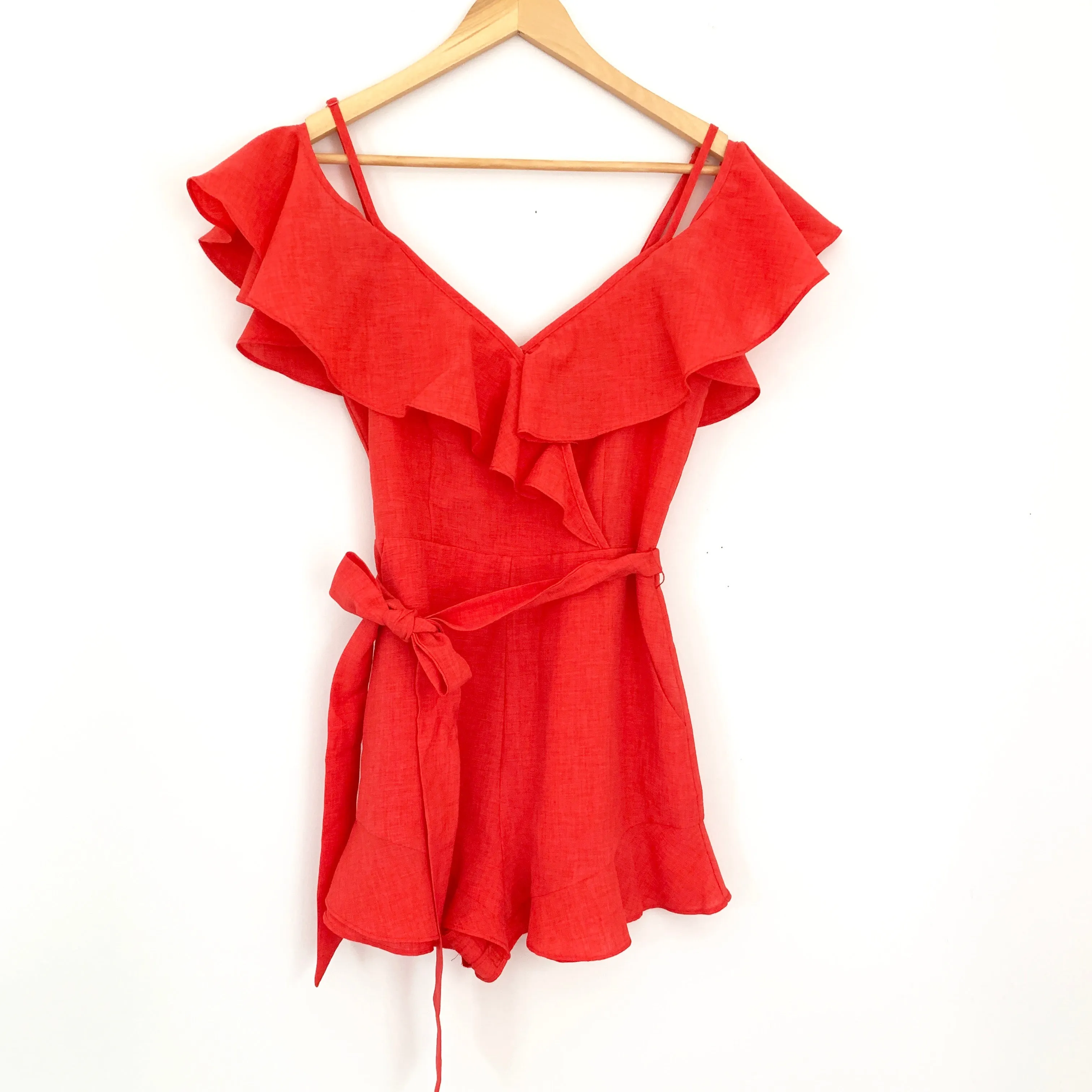 Blue Blush Red Off the Shoulder Ruffle Romper- Size S