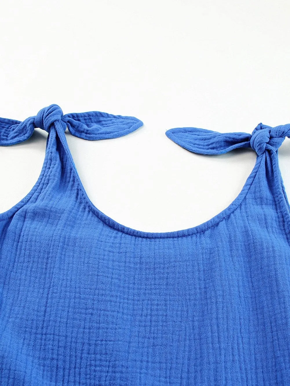 Blue Bow Detail High Waist Linen Romper