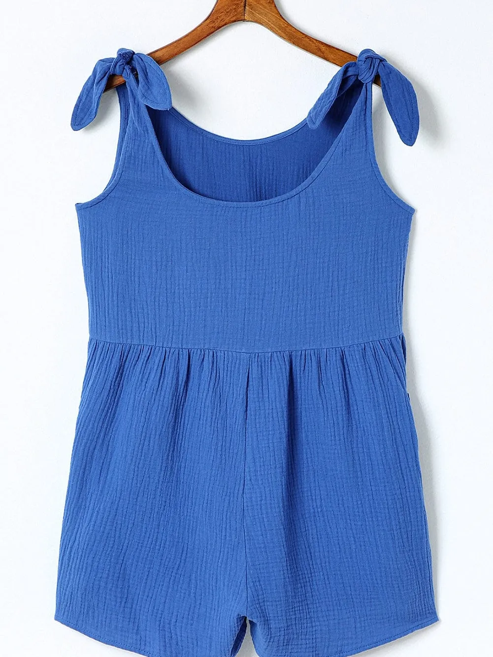 Blue Bow Detail High Waist Linen Romper