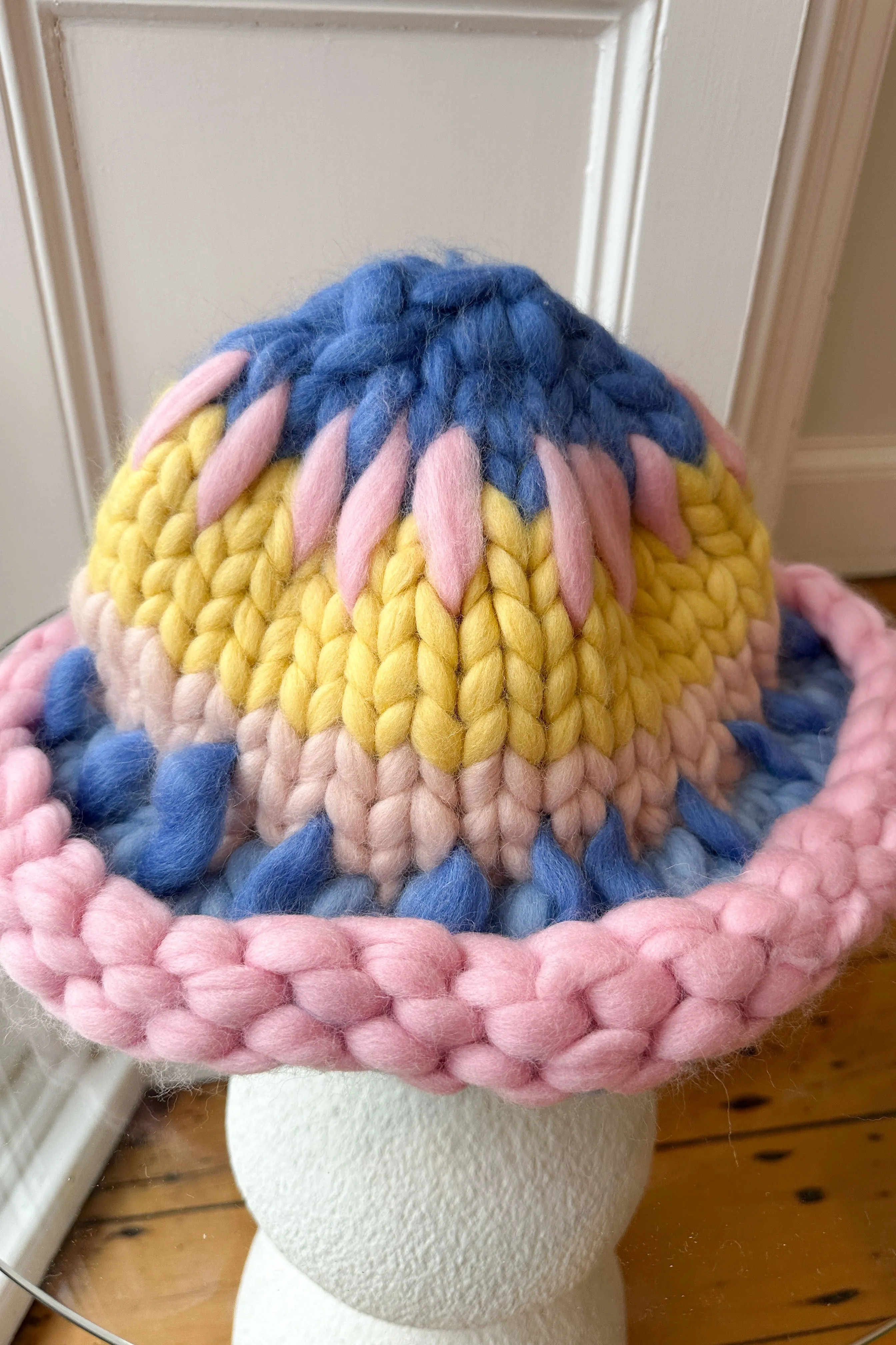 Blue, Pink and Yellow Patchwork Colossal Knit Mushroom Hat (Sample)