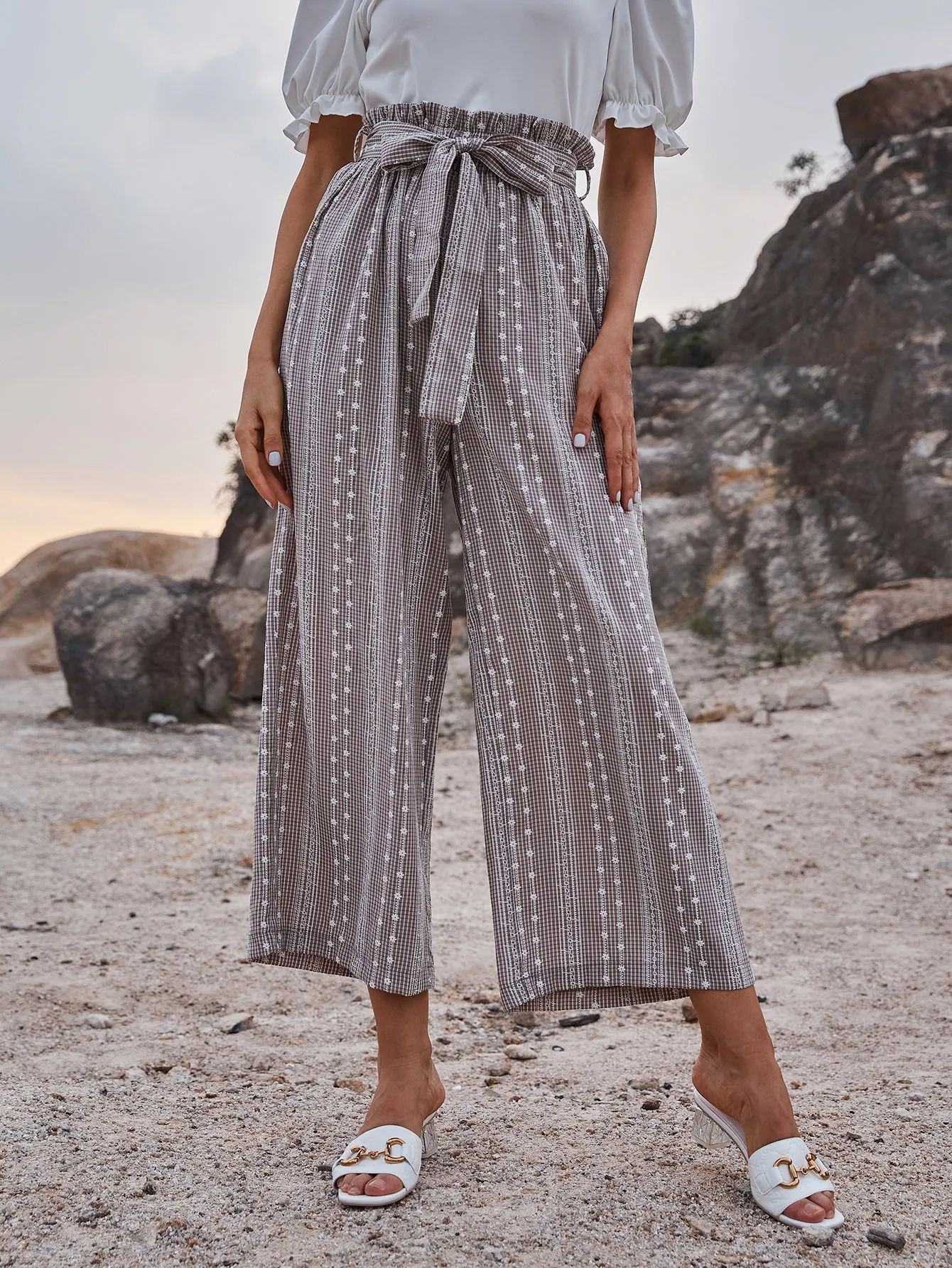 Boho Floral Paper Bag Waist Natural Long Women Pants