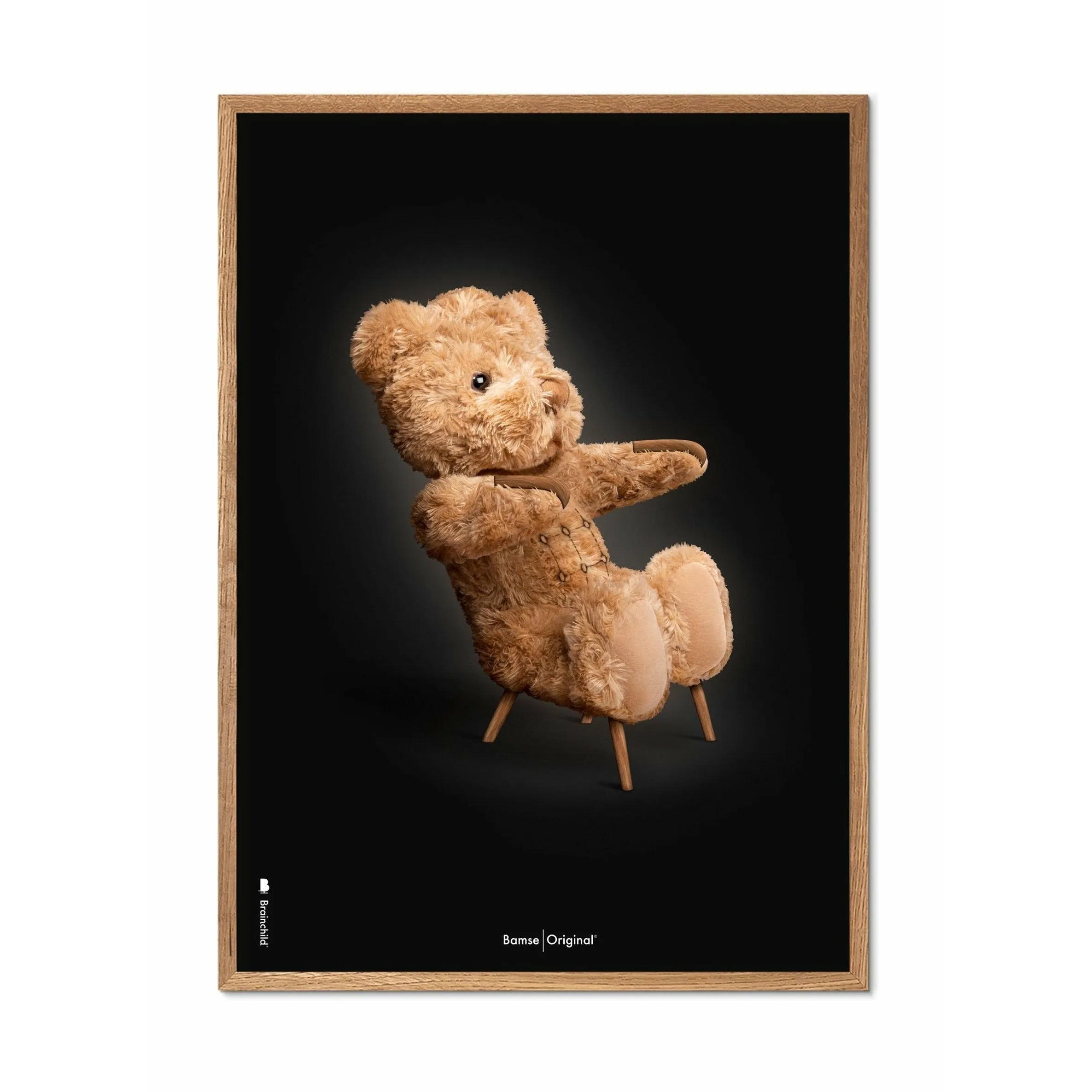 Brainchild Teddy Bear Classic Poster, Frame Made Of Light Wood 70x100 Cm, Black Background