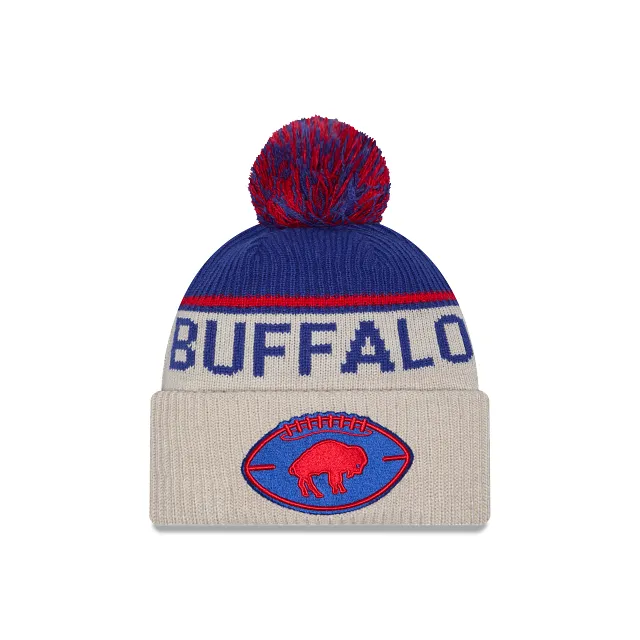 Buffalo Bills NFL New Era Men's Blue Beige 2024 Sideline Historic Sport Knit Pom Hat