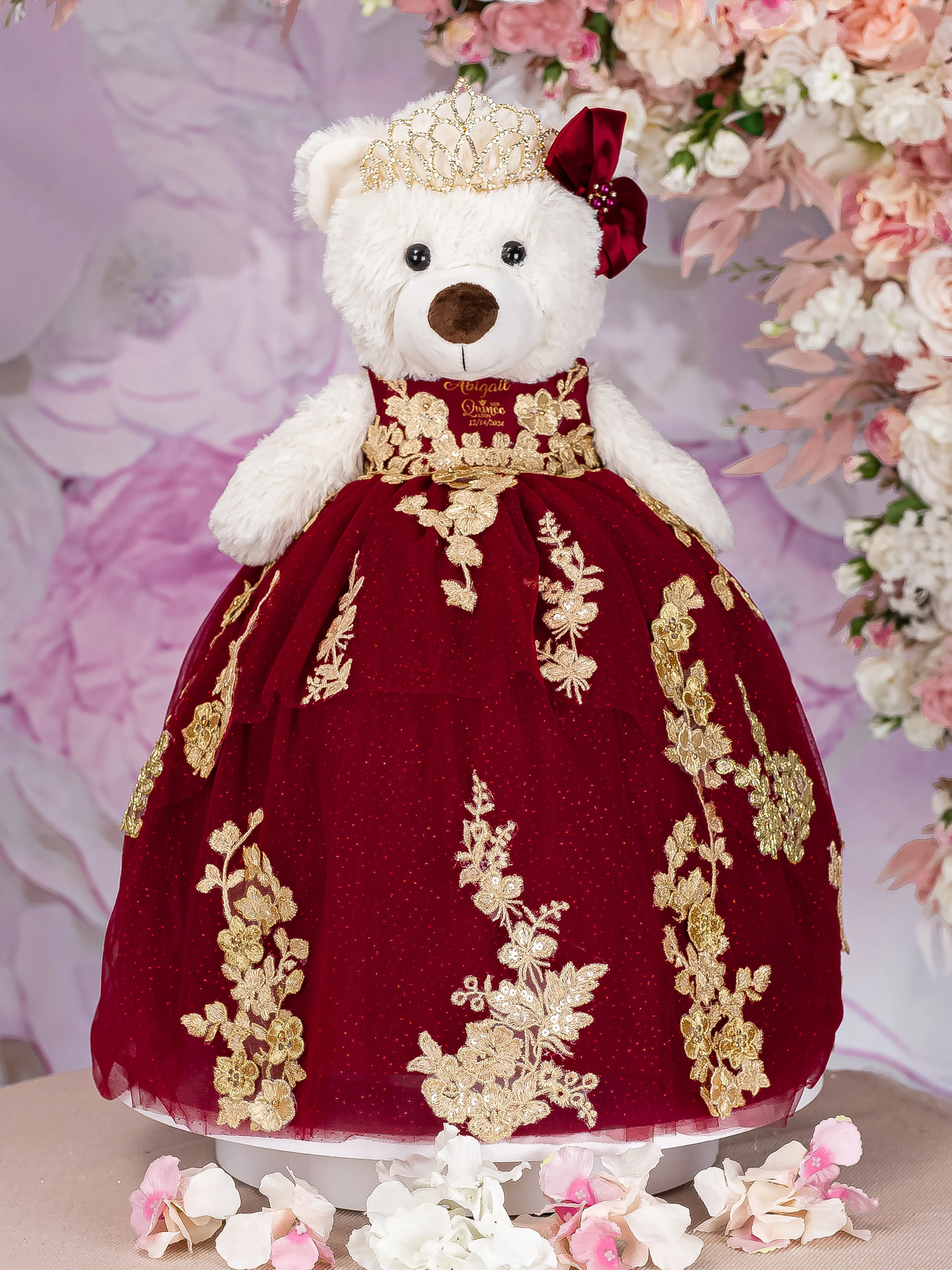 Burgundy Quinceanera pillows set, bear and bouquet 9 inches