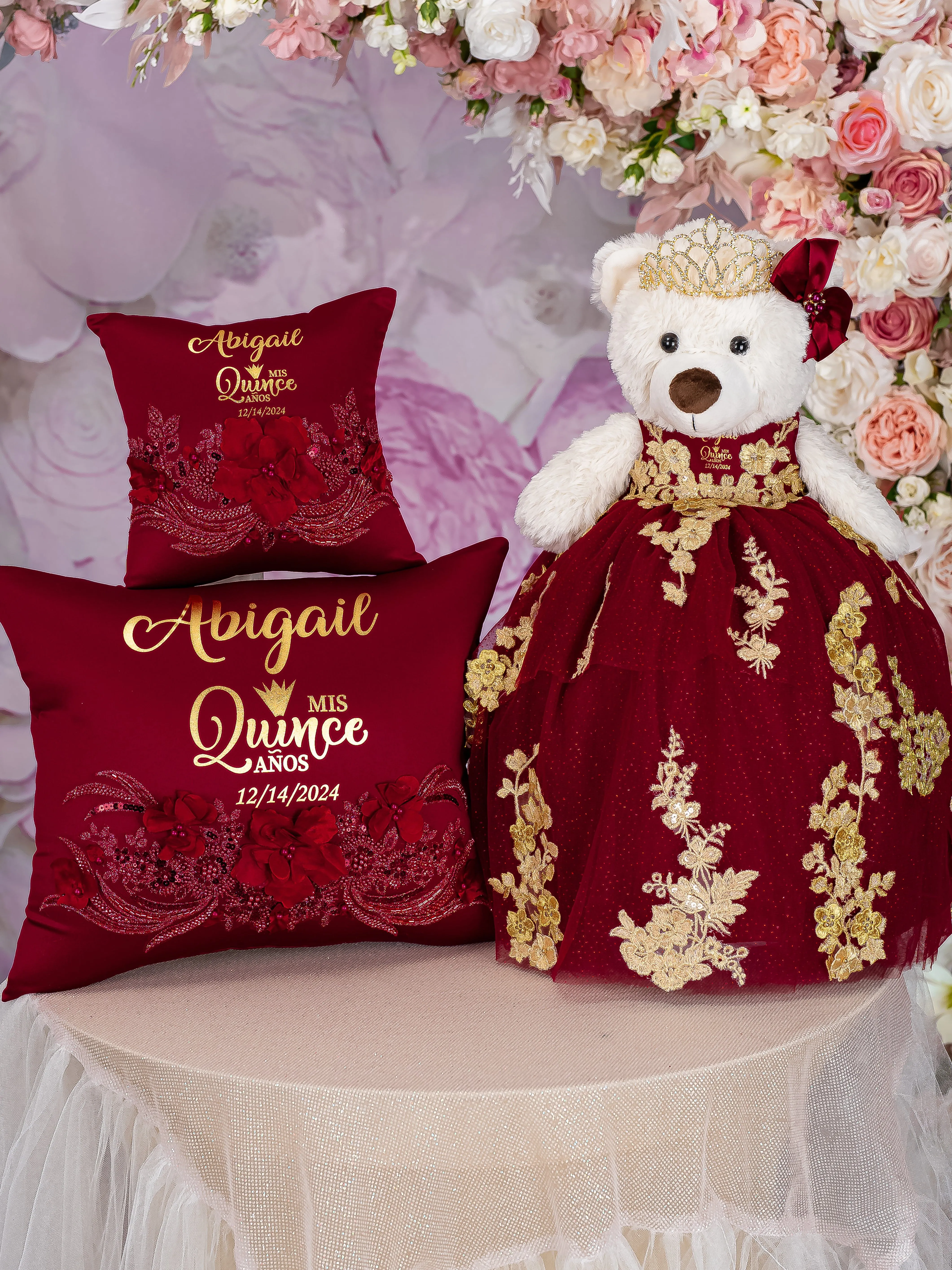 Burgundy Quinceanera pillows set, bear and bouquet 9 inches