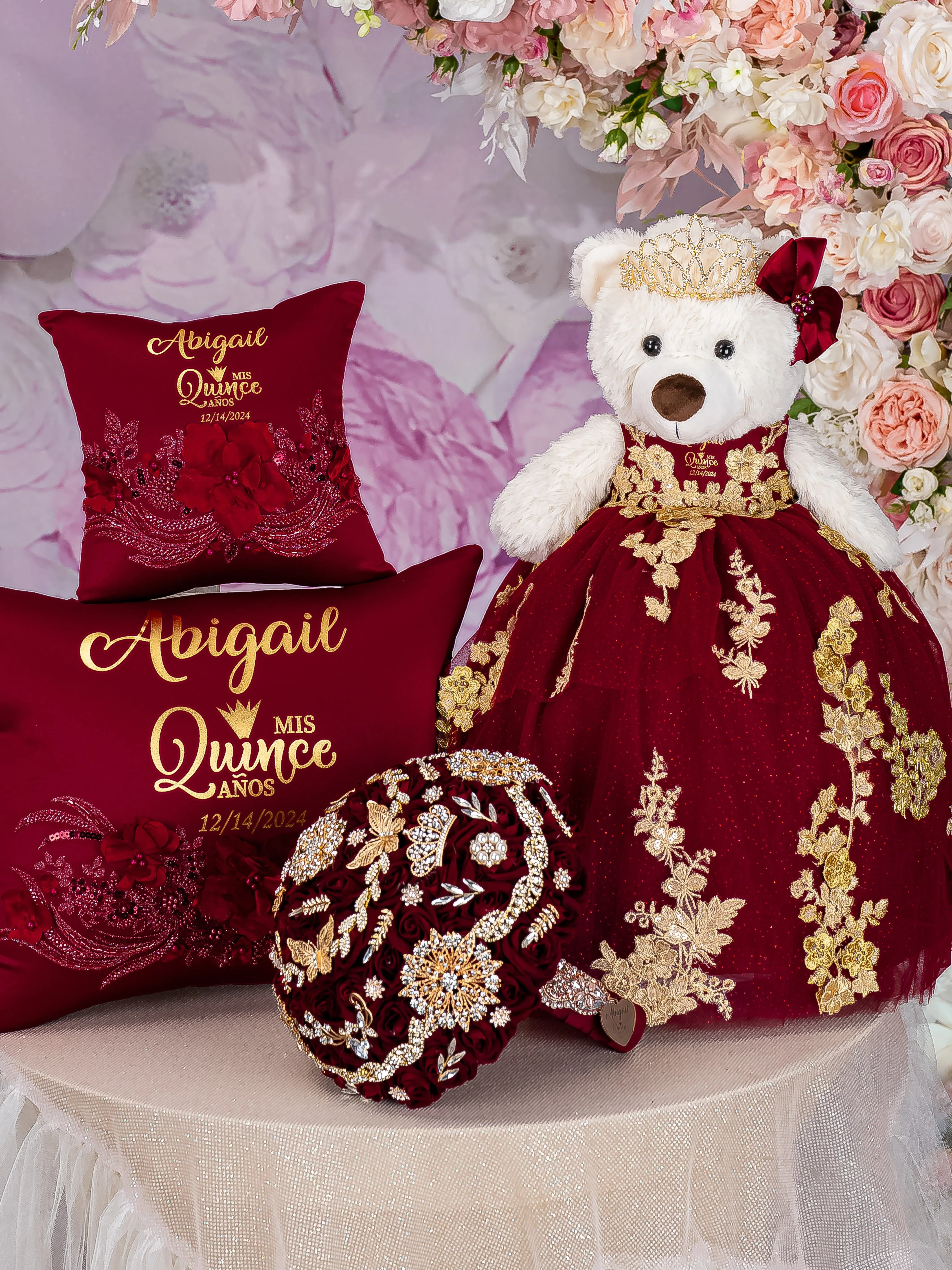 Burgundy Quinceanera pillows set, bear and bouquet 9 inches