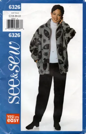 Butterick See & Sew 6326 EASY Womens Fleece Jacket & Pants 1990s Vintage Sewing Pattern Size 18 - 22 UNCUT Factory Folded