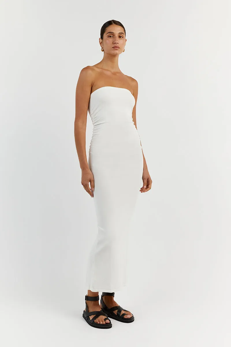 CARRIE OFF WHITE RUCHED MIDI DRESS