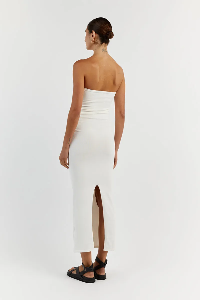 CARRIE OFF WHITE RUCHED MIDI DRESS