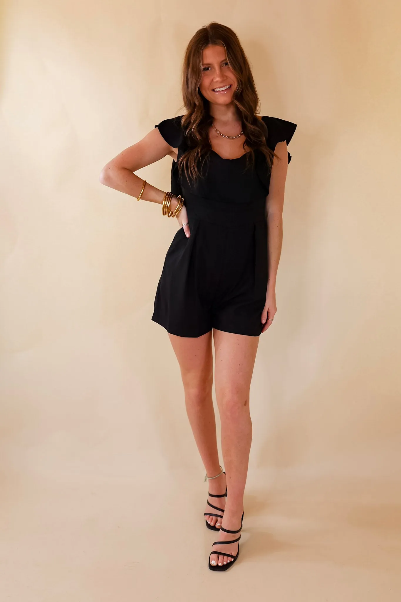 Charmingly Cute Ruffle Upper Romper in Black