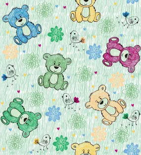 Children's Fabric, Teddy Bear Fabric, green Background, Cotton or Fleece, 3705