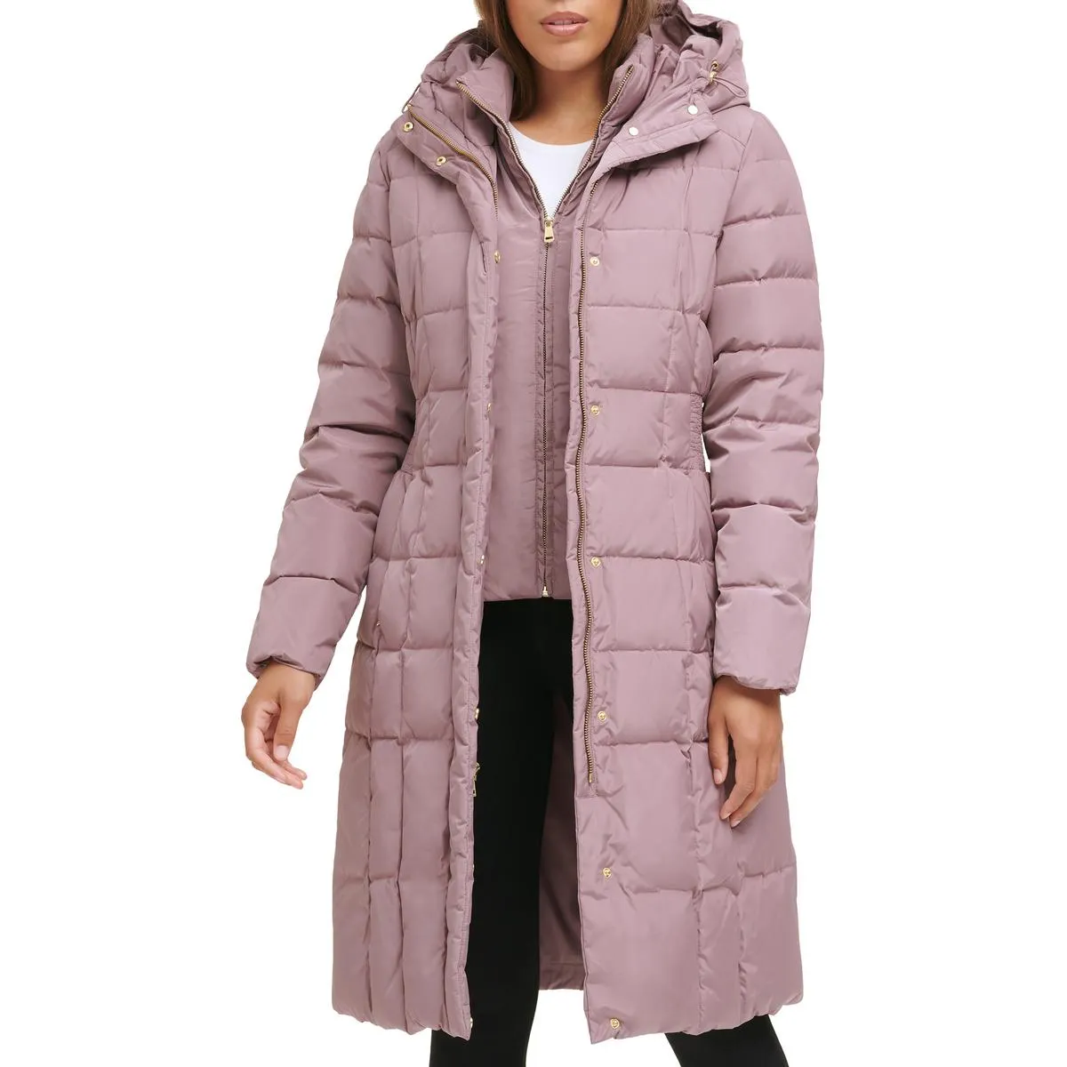 Cole Haan Women's Quilted Mid-Length Down Puffer Coat with Attached Hood