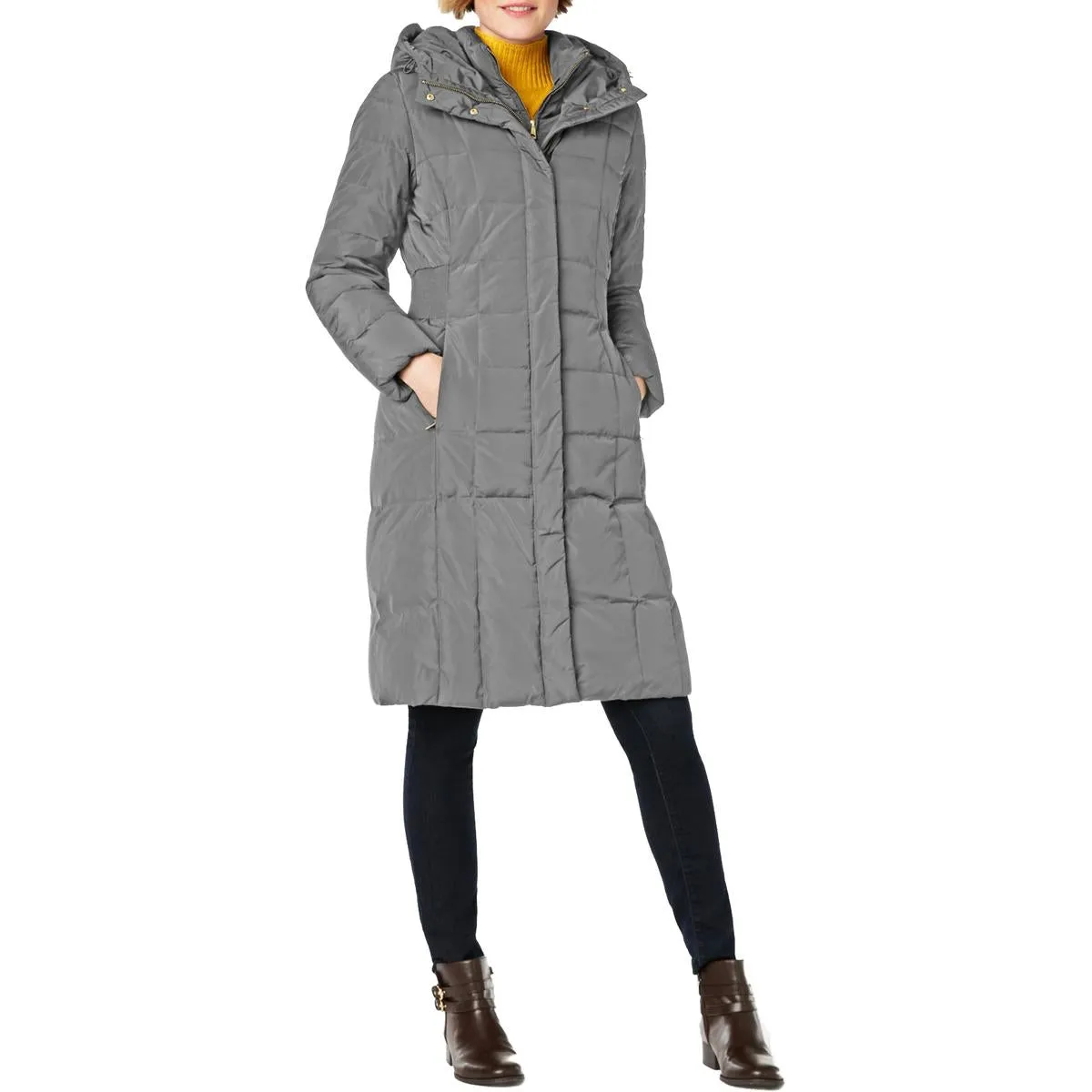 Cole Haan Women's Quilted Mid-Length Down Puffer Coat with Attached Hood