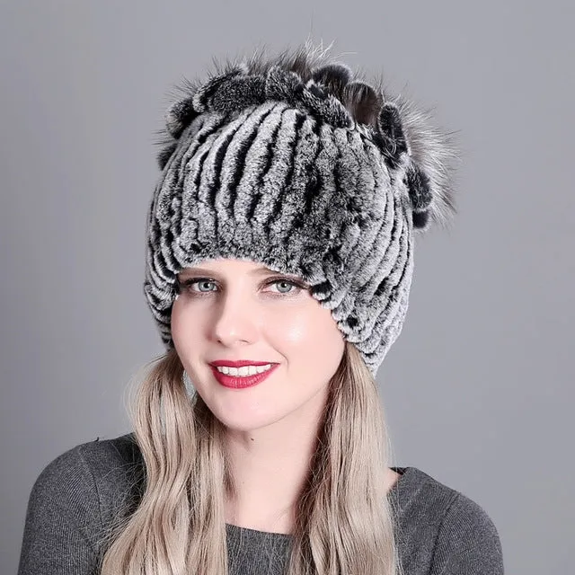 Colorful Striped Knit Hat with Rex Rabbit Fur Lining for Women