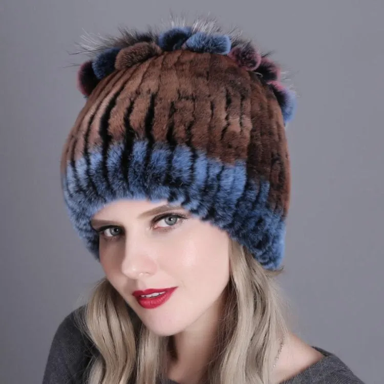 Colorful Striped Knit Hat with Rex Rabbit Fur Lining for Women