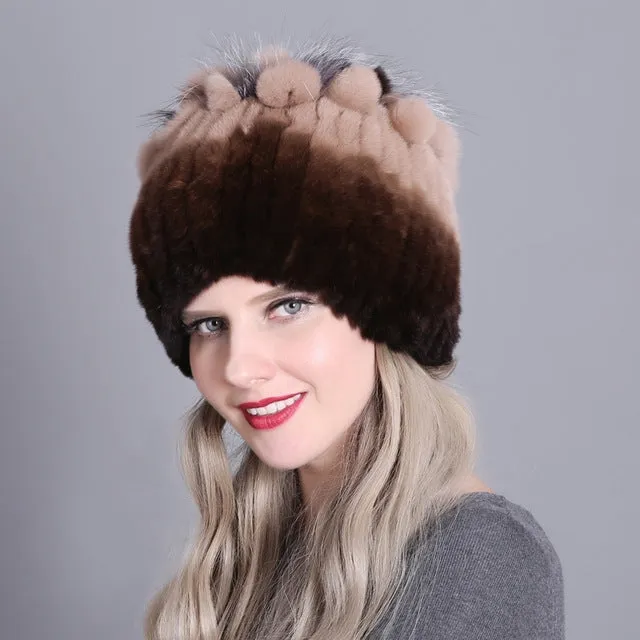 Colorful Striped Knit Hat with Rex Rabbit Fur Lining for Women