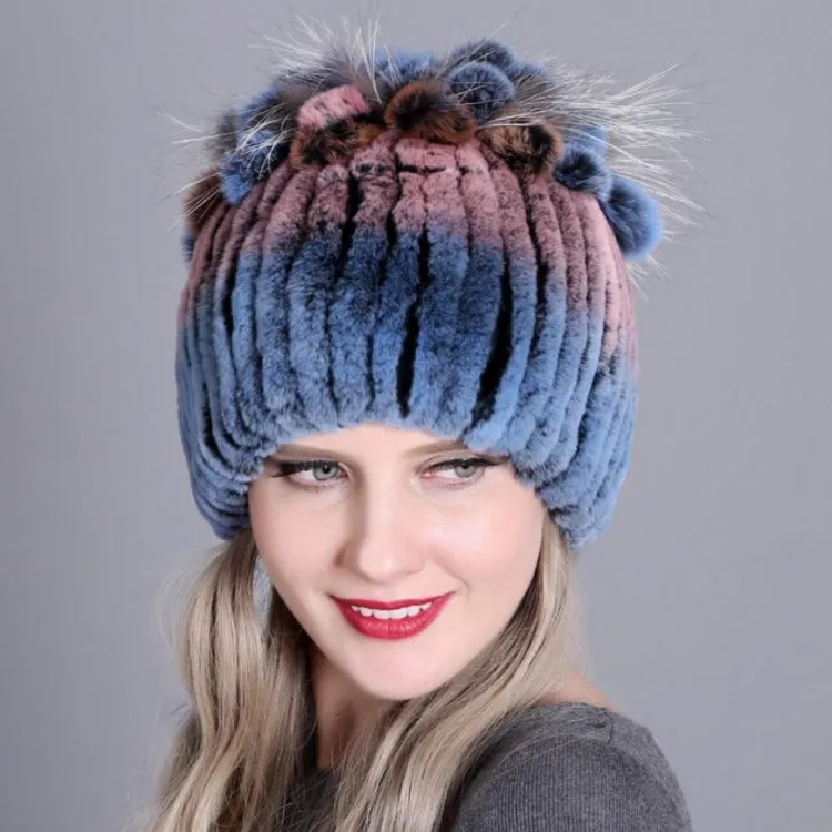 Colorful Striped Knit Hat with Rex Rabbit Fur Lining for Women