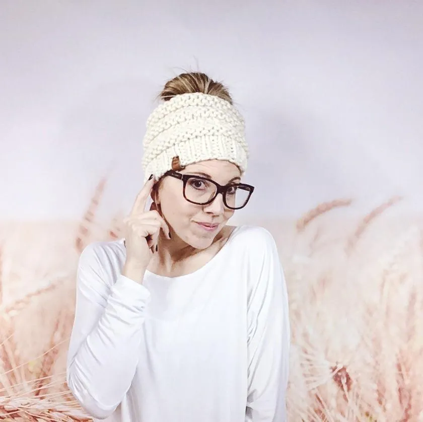 Cream Messy Bun Beanie Hat for Women, Knitted Open Top Ponytail Beanie