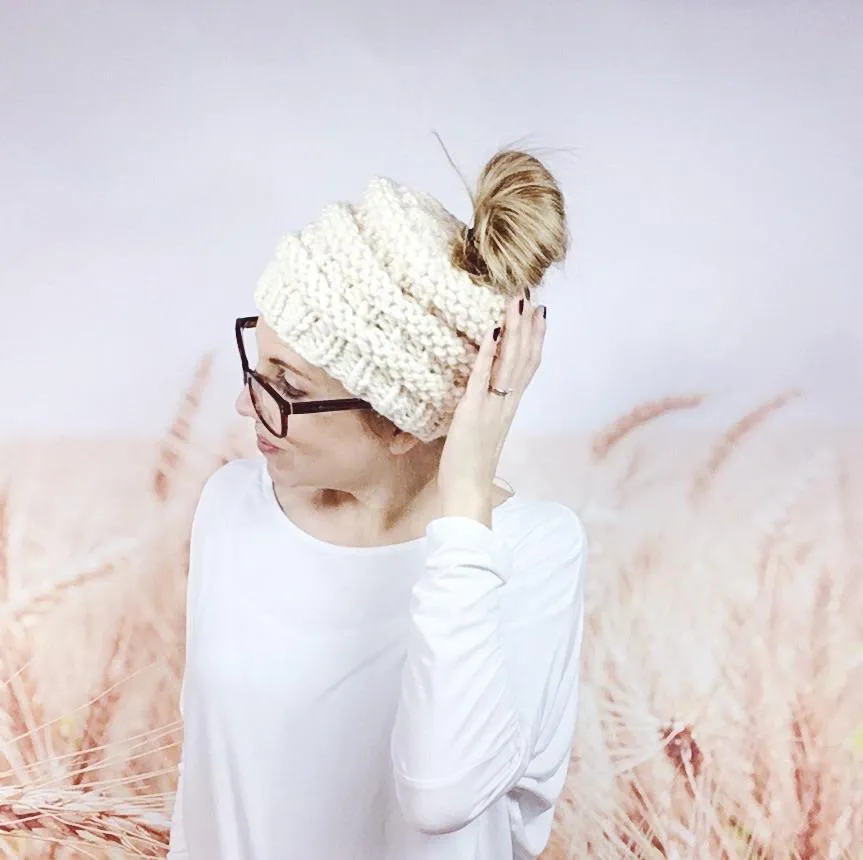 Cream Messy Bun Beanie Hat for Women, Knitted Open Top Ponytail Beanie