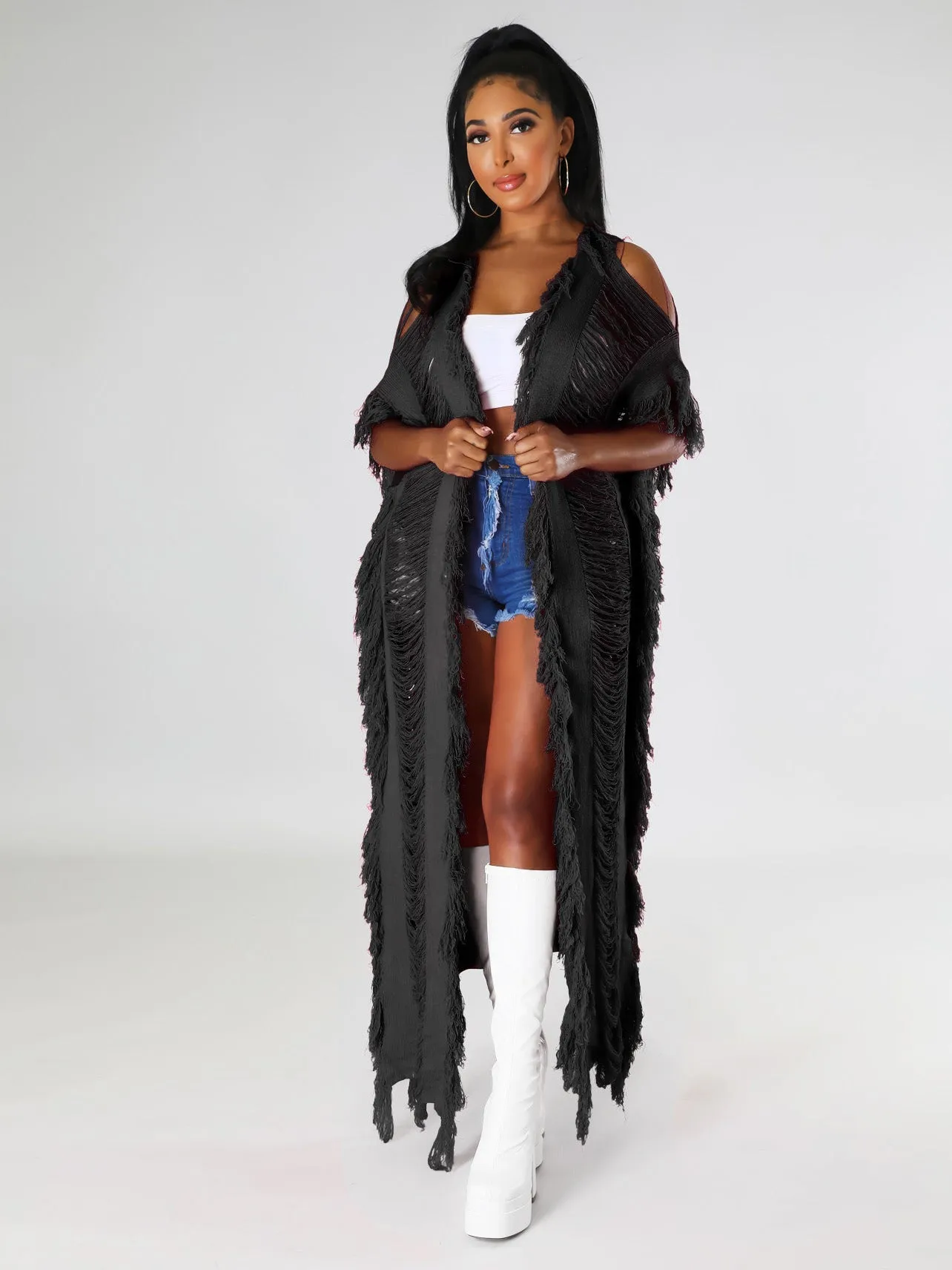 Cutout cardigan fringed knitted coat(AY2398)