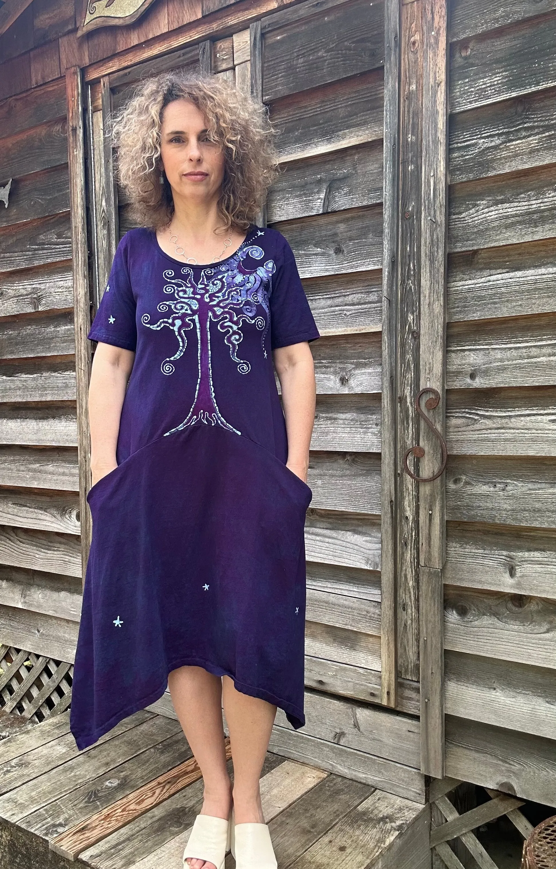 Dark Blue Long Tree Short Sleeve Batik Dress With Pockets - Size Medium